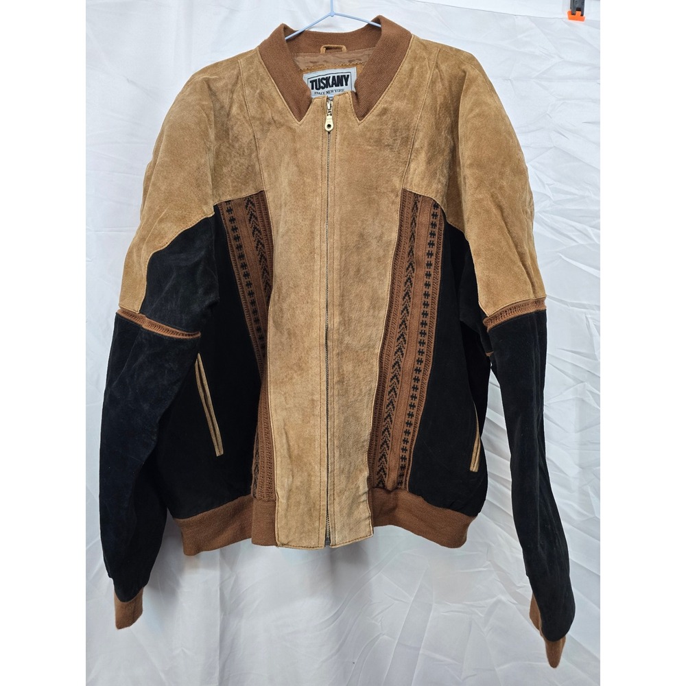 TUSKANY Mens Genuine Leather Suede Bomber Jacket 3XL Tan‎ Black Aztec